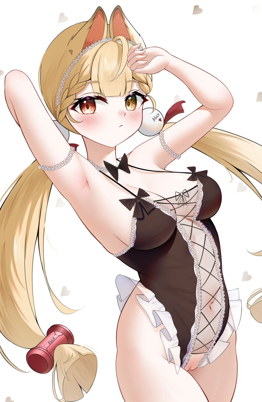1girl absurdres ahoge alice_thymefield animal_ears armpits arms_up blonde_hair blush braid breasts censored commentary cowboy_shot english_commentary expressionless heart heterochromia highres knosdeba large_breasts long_hair looking_at_viewer navel nose_blush pussy red_eyes sideboob simple_background solo uncensored variant_set white_background yellow_eyes zenless_zone_zero