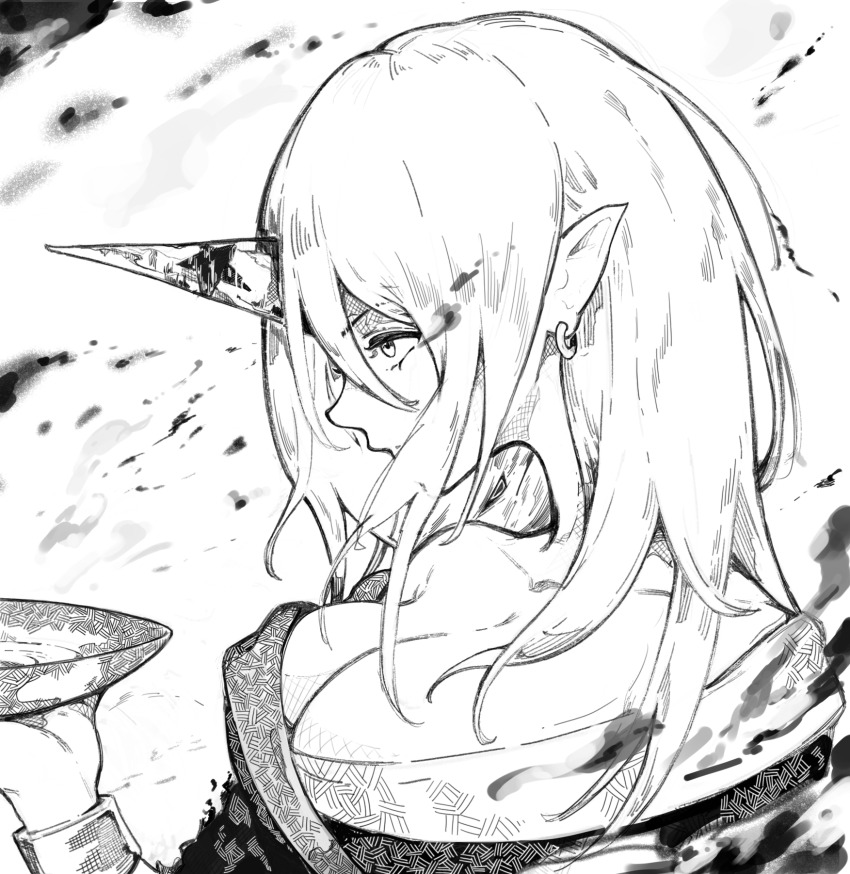 1girl bare_shoulders breasts cleavage collarbone commentary_request cuffs cup earrings from_side greyscale hatching_(texture) high_contrast highres holding holding_cup hoop_earrings horns hoshiguma_yuugi hoshiguma_yuugi_(kimono) japanese_clothes jewelry kimono large_breasts long_hair looking_ahead monochrome off_shoulder pointy_ears profile sakazuki sashimi_oniku shackles single_horn solo star_(symbol) touhou upper_body woven_hatching