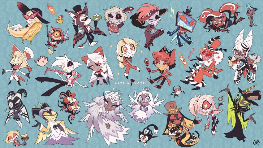 6+boys 6+girls adam_(hazbin_hotel) alastor_(hazbin_hotel) angel angel_dust angry animal_ears antlers apron arm_up bird black_bow black_bowtie black_hat black_horns black_robe black_sclera black_skirt blonde_hair blue_background blue_scarf blush bomb bottle bow bowtie breath_weapon breathing_fire broom cane carmilla_carmine_(hazbin_hotel) cat cellphone chair cherri_bomb chibi chibi_inset cigarette_holder clara_(hazbin_hotel) clenched_hands clipboard coat colored_sclera colored_skin cone_hair_bun copyright_name crop_top cropped_torso cyclops dark-skinned_female dark_skin dazzle_(hazbin_hotel) deer_ears demon_boy demon_girl demon_tail double_bun dress drinking duck egg_bois elbow_gloves emily_(hazbin_hotel) explosive extra_arms extra_eyes eye_on_hat fat_nuggets fire formal_clothes freckles furry furry_male gloves goat goat_horns grey_hat grey_skin hair_bun hair_ornament halo happy hat hazbin_hotel heart heterochromia high_collar highres holding holding_bomb holding_bottle holding_broom holding_cane holding_clipboard holding_knife holding_microphone_stand holding_phone holding_polearm holding_weapon horns husk_(hazbin_hotel) index_finger_raised jacket katie_killjoy keekee_(hazbin_hotel) knife lilith_(hazbin_hotel) long_hair long_sleeves low_wings lucifer_morningstar_(hazbin_hotel) lute_(hazbin_hotel) lying microphone_stand middle_finger mimzy_(hazbin_hotel) monster_boy multicolored_hair multiple_boys multiple_girls multiple_wings niffty_(hazbin_hotel) no_nose object_head odette_(hazbin_hotel) on_stomach one-eyed one_eye_closed outstretched_arms pants phone pig polearm purple_dress purple_gloves purple_sclera purple_skin razzle_(hazbin_hotel) red-tinted_eyewear red_bow red_bowtie red_hair red_hat red_jacket red_pants red_pupils red_sclera red_skirt robe rosie_(hazbin_hotel) scarf sera_(hazbin_hotel) sharp_teeth shirt signature sir_pentious sitting skirt skull_hair_ornament smartphone smoke smoking snake_boy sparkle spread_arms streaked_hair striped_clothes striped_gloves striped_shirt sumi_wo_hakuneko sunglasses tail tailcoat teeth tinted_eyewear tom_trench top_hat torn_clothes torn_pants twintails valentino_(hazbin_hotel) velvette_(hazbin_hotel) very_long_hair vox&#039;s_assistant vox_(hazbin_hotel) weapon white_apron white_coat white_hair white_halo white_hat white_robe wings yellow_sclera yellow_teeth zestial_(hazbin_hotel)