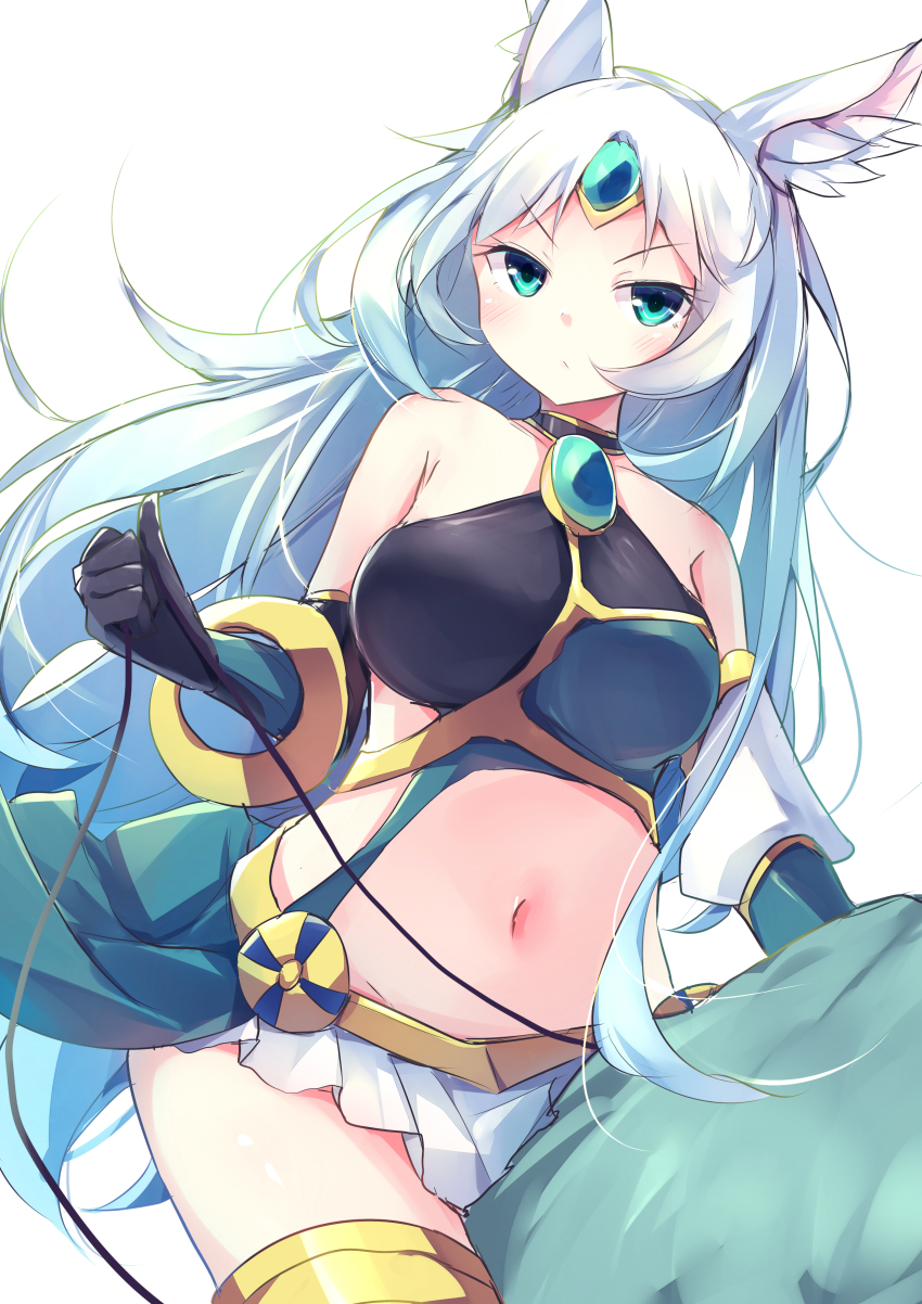 1girl absurdres animal_ear_fluff animal_ears apollousa_bow_of_the_goddess aqua_hair bare_shoulders blush breasts closed_mouth collarbone detached_sleeves duel_monster forehead_jewel gem gloves green_eyes highres kanzakietc large_breasts long_hair midriff miniskirt navel riding simple_background skirt solo white_background white_skirt yu-gi-oh!