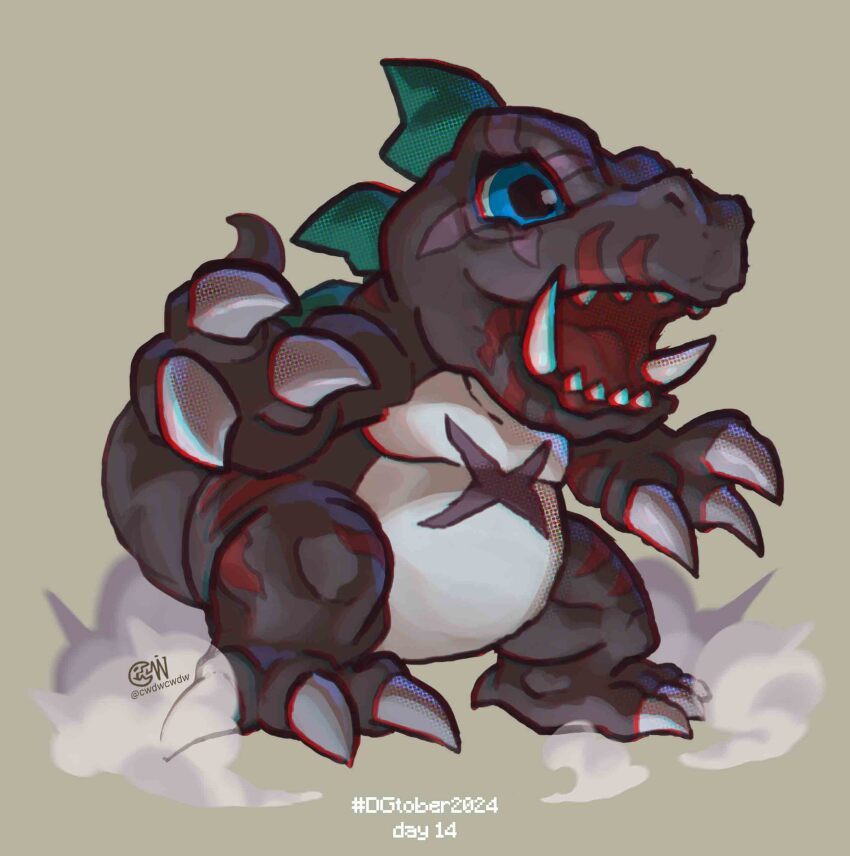 absurdres chibi cwdw digimon digimon_(creature) dinosaur dust fangs full_body grey_background highres mastertyranomon no_humans sharp_teeth simple_background solo teeth tyrannosaurus_rex