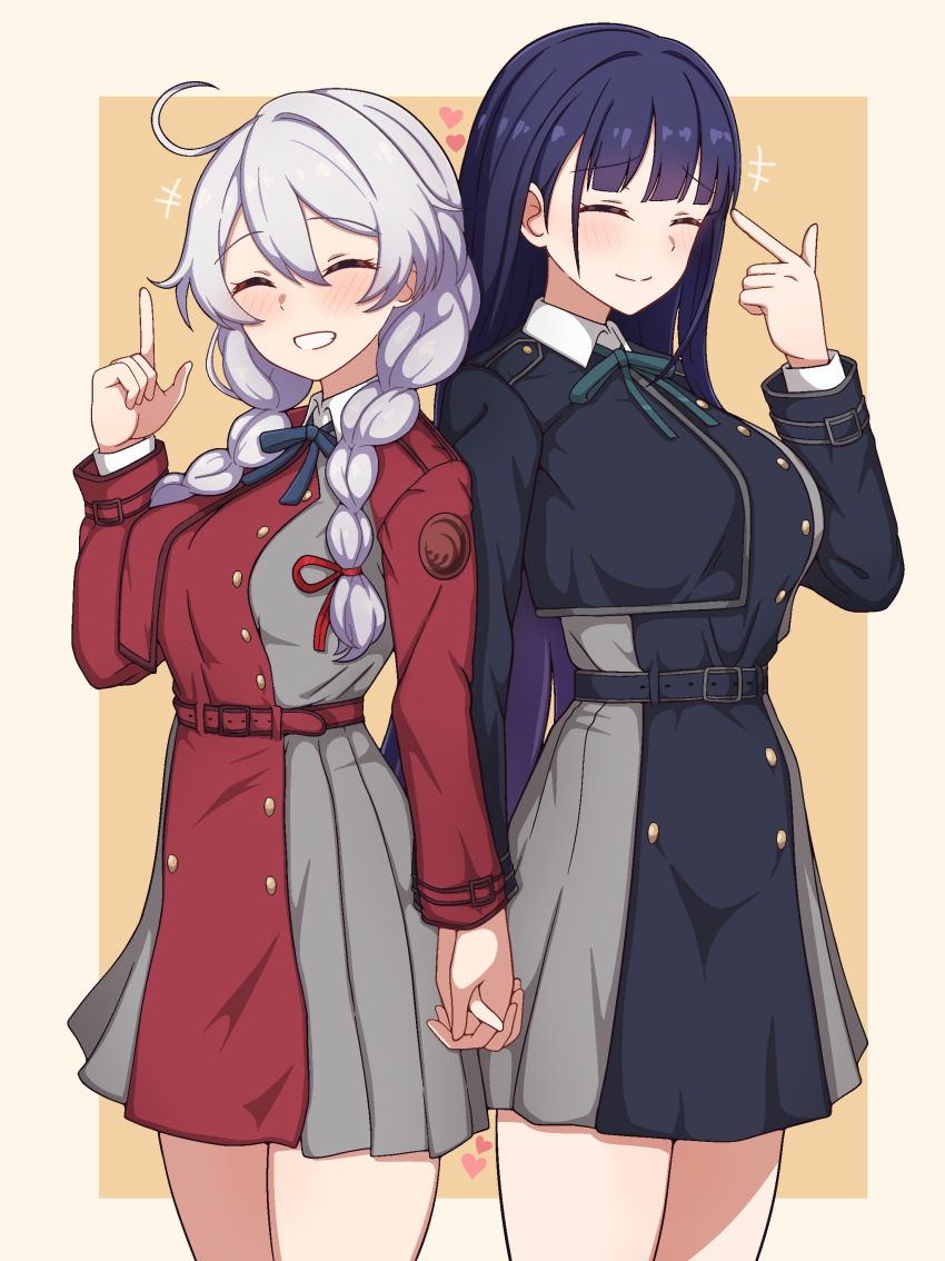 2girls ^_^ absurdres black_dress blue_hair braid breasts closed_eyes closed_mouth cosplay cowboy_shot cowlick dress grey_dress hair_between_eyes hand_up heart highres holding_hands honkai_(series) honkai_impact_3rd inoue_takina inoue_takina_(cosplay) kiana_kaslana large_breasts long_hair long_sleeves low_twin_braids lycoris_recoil lycoris_uniform milliani multiple_girls nishikigi_chisato nishikigi_chisato_(cosplay) outside_border pleated_dress raiden_mei red_dress smile twin_braids white_hair
