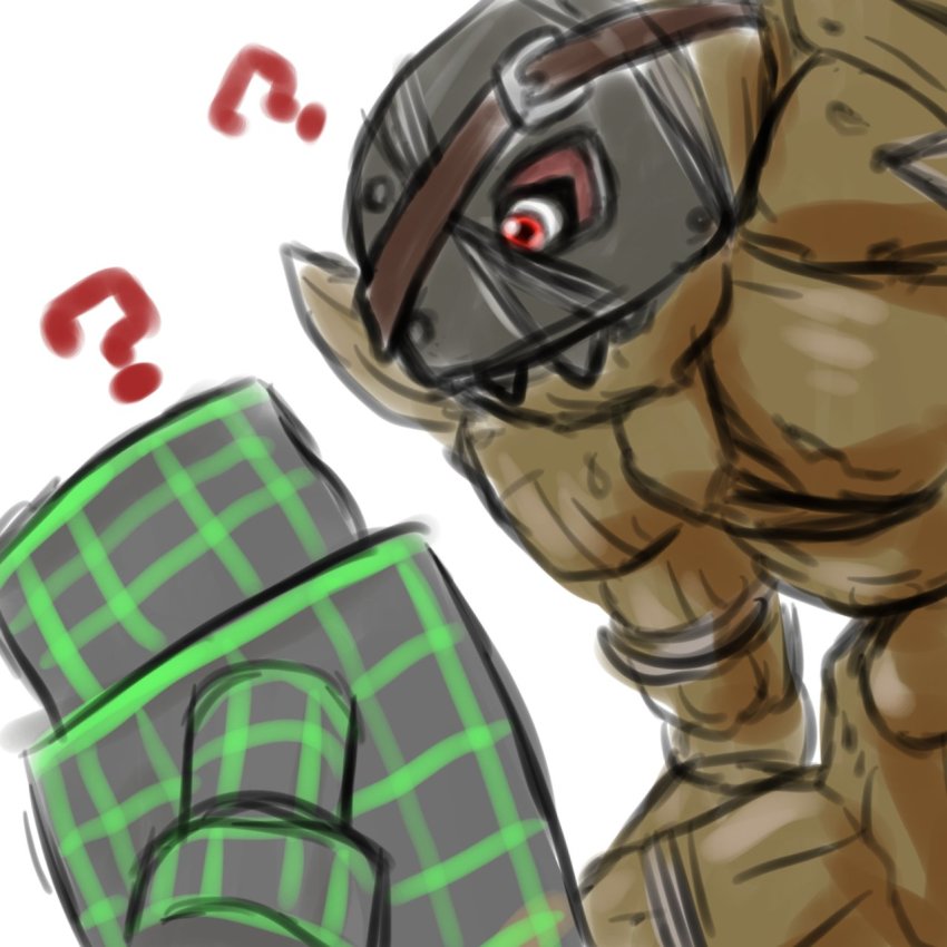 belt digimon golem golemon golemon_(ps) highres mask ? red_eyes simple_background white_background