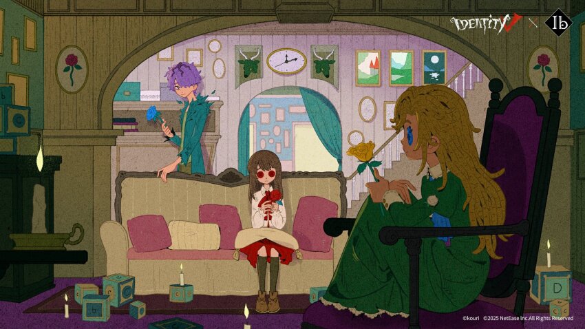 1boy 2girls alphabet_blocks analog_clock ascot black_hair black_socks blonde_hair blue_ascot blue_coat blue_eyes blue_flower blue_rose book brown_hair brown_pants brown_shoes button_eyes buttons candle chair clock coat collared_dress collared_shirt commentary copyright_notice couch curtains cushion dress english_commentary flower frilled_dress frilled_shirt_collar frills frown garry_(ib) green_dress green_shirt hair_over_one_eye hand_up hands_up highres holding holding_flower ib_(ib) ib_(kouri) identity_v indoors juliet_sleeves kneehighs knees_up logo long_hair long_sleeves looking_afar looking_at_viewer mary_(ib) multicolored_hair multiple_girls official_art on_chair open_clothes open_coat painting_(object) pants puffy_sleeves purple_hair red_ascot red_eyes red_flower red_rose red_skirt rose rug shirt shoes short_hair sitting skirt sleeve_cuffs smile socks stairs standing toy_block trophy_head two-tone_hair white_shirt wing_collar yellow_flower yellow_rose