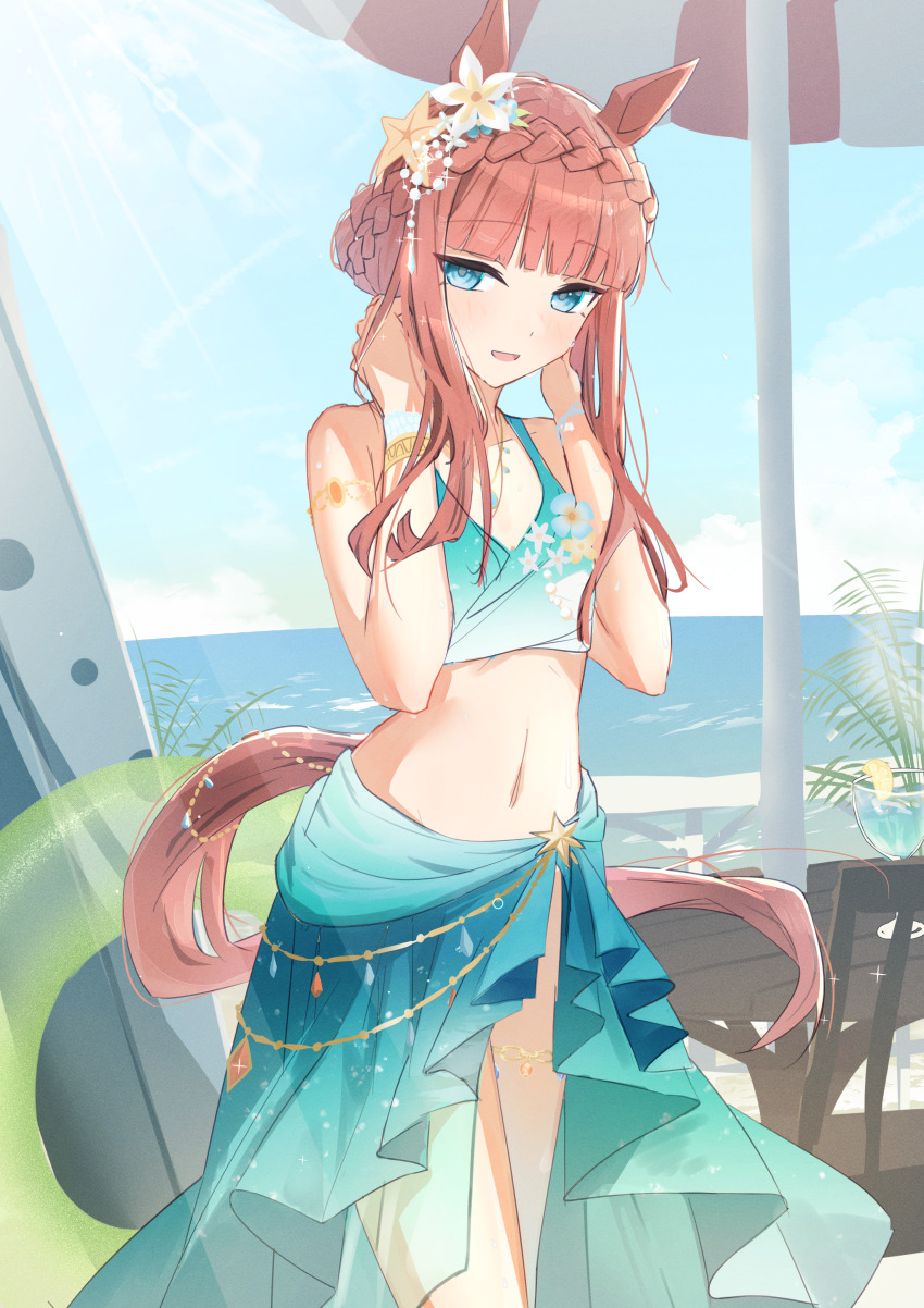 1girl absurdres animal_ears aqua_bikini aqua_eyes aqua_sarong bare_shoulders bikini blunt_bangs blunt_tresses braid crown_braid ear_flower gradient_bikini gradient_sarong hair_bun highres horse_ears horse_girl horse_tail looking_at_viewer moca_suzuka navel official_alternate_costume official_alternate_hairstyle orange_hair sarong silence_suzuka_(emerald_on_the_waves)_(umamusume) silence_suzuka_(umamusume) single_hair_bun smile solo swimsuit tail umamusume