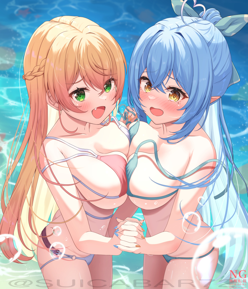 2girls :d ahoge bikini blonde_hair blue_hair bow braid breast_press breasts commentary_request crossed_bangs day double-parted_bangs fang green_bow green_eyes hair_between_eyes hair_bow half_up_braid halterneck heart heart_ahoge highres holding_hands hololive interlocked_fingers large_breasts long_hair looking_at_viewer momosuzu_nene multi-strapped_bikini_bottom multi-strapped_bikini_top multiple_girls navel o-ring o-ring_bikini open_mouth outdoors pink_bikini pointy_ears ponytail skin_fang smile suicabar72 swimsuit symmetrical_docking tearing_up untied_bikini very_long_hair virtual_youtuber water white_bikini yellow_eyes yukihana_lamy