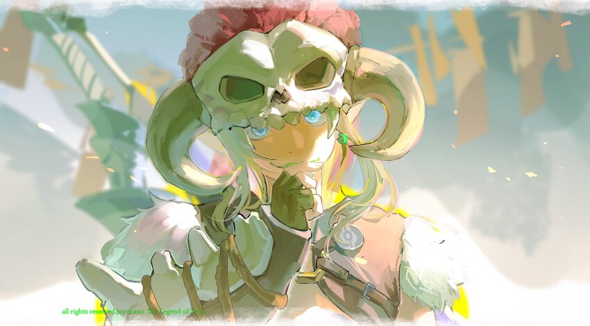 1boy absurdres animal_skull barbarian barbarian_set_(zelda) black_gloves blonde_hair blue_eyes blurry blurry_background bodypaint commentary earrings fingerless_gloves fur-trimmed_vest fur_trim gloves hand_to_own_mouth highres jewelry juyekuno leaf_in_mouth link looking_at_viewer nintendo pointy_ears skull_on_head solo the_legend_of_zelda the_legend_of_zelda:_breath_of_the_wild vest