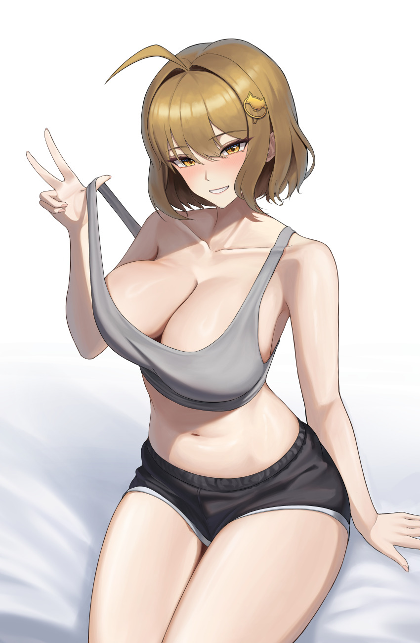 1girl absurdres ahoge anis_(nikke) bare_arms bare_shoulders black_shorts bodam breasts brown_eyes brown_hair cleavage collarbone commentary crop_top goddess_of_victory:_nikke grey_sports_bra hair_ornament hairpin highres large_breasts looking_at_viewer navel on_bed pulling_own_clothes short_hair shorts simple_background sitting smile solo sports_bra stomach strap_pull thick_thighs thighs w white_background yellow_eyes
