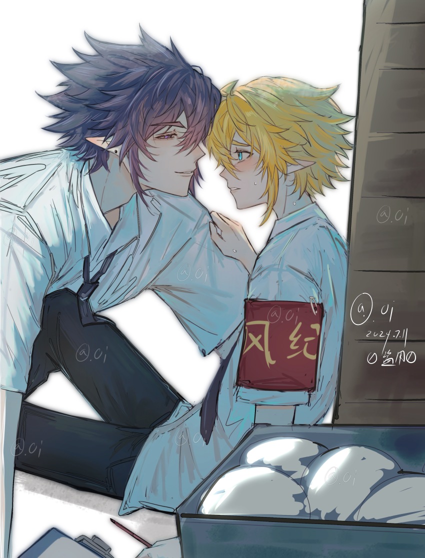 2boys absurdres alternate_costume aotu_world armband artist_name bishounen black_hair black_necktie black_pants blonde_hair blue_eyes blush book collared_shirt hair_between_eyes highres king_(aotu_world) looking_at_another male_focus multiple_boys necktie pants plutoray pointy_ears purple_eyes ray_(aotu_world) school_uniform shirt short_hair short_sleeves sitting spiked_hair watermark white_background white_shirt yaoi