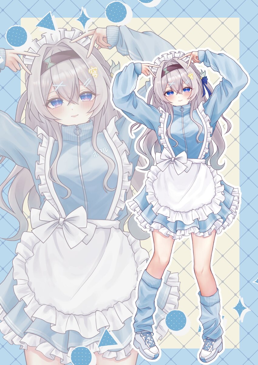 1girl absurdres alternate_costume apron arms_up blue_dress blue_eyes blue_socks blush bow breasts closed_mouth commentary double_v dress eyebrows_hidden_by_hair firefly_(honkai:_star_rail) frilled_apron frilled_dress frills full_body grey_hair hair_between_eyes hair_ornament hairband hairpin highres honkai:_star_rail honkai_(series) kneehighs long_hair long_sleeves looking_at_viewer loose_socks maid maid_apron maid_headdress multiple_hairpins multiple_views polka_dot puffy_sleeves ribbon shoes sidelocks simple_background sleeves_past_wrists smile sneakers socks solo standing str_sawa symbol-only_commentary unconventional_maid v waist_apron white_apron x_hair_ornament zoom_layer
