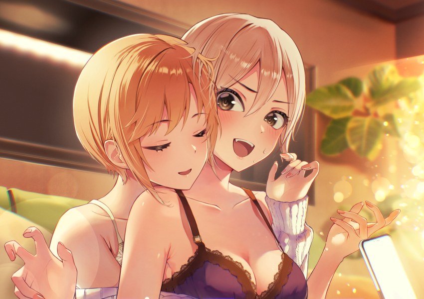 2girls aiba_yumi blonde_hair blush breasts cellphone cleavage closed_eyes collarbone double-parted_bangs dropping fingernails grey_hair highres hug hug_from_behind idolmaster idolmaster_cinderella_girls indoors medium_breasts multiple_girls phone shiomi_syuko short_hair sweatdrop tialas yuri