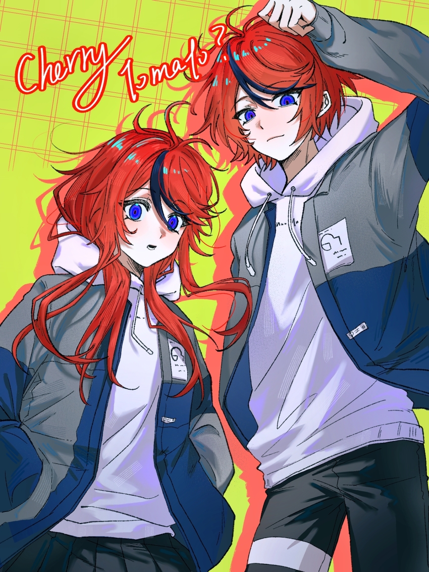 1boy 1girl ahoge arm_up black_skirt black_streaks blue_eyes blue_jacket chinese_commentary drawstring drop_shadow dual_persona english_text genderswap genderswap_(mtf) grey_jacket grid_background hands_in_pockets height_difference highres hood hoodie jacket long_hair male_focus multicolored_hair multicolored_jacket pants pleated_skirt red_hair roiko7010 short_hair skirt smile streaked_hair sumino_takumi the_hundred_line_-last_defense_academy- two-tone_jacket white_hoodie yellow_background