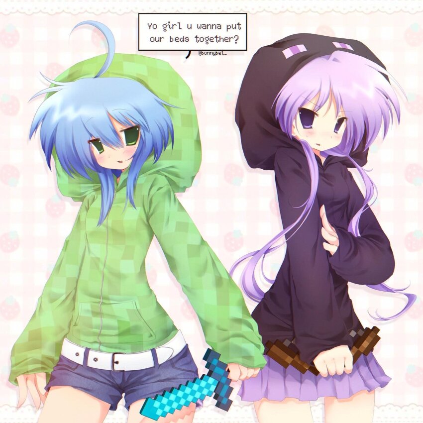 2000s_(style) 2girls belt blue_hair blush bow_(weapon) commentary cosplay creeparka creeper creeper_(cosplay) crossover denim denim_shorts enderman enderman_(cosplay) english_commentary english_text green_eyes highres hiiragi_kagami holding holding_bow_(weapon) holding_sword holding_weapon hood hood_up hoodie izumi_konata jelly_(bonnybel) long_hair long_sleeves lucky_star minecraft minecraft_sword miniskirt multiple_girls purple_eyes purple_hair purple_skirt shorts skirt sleeves_past_wrists speech_bubble sword two_side_up very_long_hair weapon white_belt