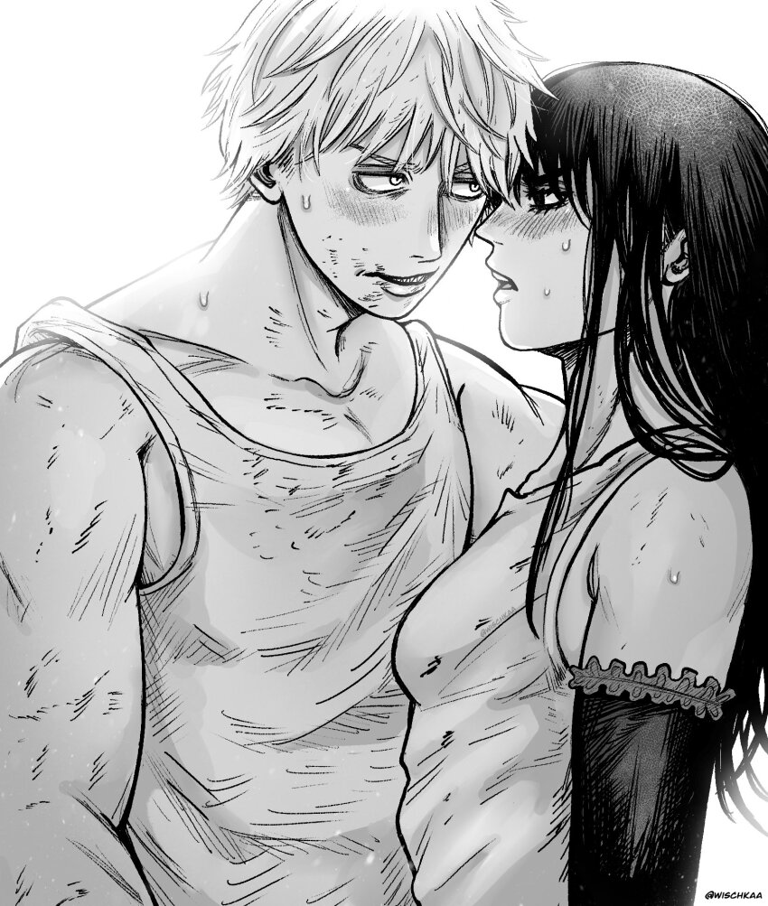 1boy 1girl blush chainsaw_man denji_(chainsaw_man) elbow_gloves gloves greyscale hetero highres long_hair mitaka_asa monochrome open_mouth sharp_teeth short_hair sweat tank_top teeth wischkaa