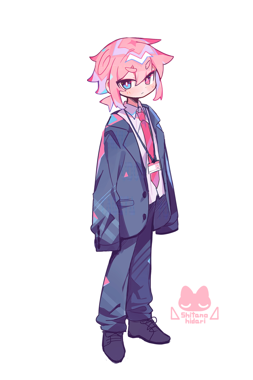1boy absurdres artist_logo black_jacket black_pants black_shoes blue_eyes bright_pupils buttons closed_mouth collared_shirt commentary_request frown full_body hair_between_eyes heterochromia highres jacket lanyard lapels logo male_focus necktie notched_lapels original oversized_clothes pants pink_eyes pink_hair raito-kun_(uenomigi) red_necktie shirt shoes short_hair simple_background sleeves_past_fingers sleeves_past_wrists solo tsurime uenomigi v-shaped_eyebrows white_background white_pupils white_shirt