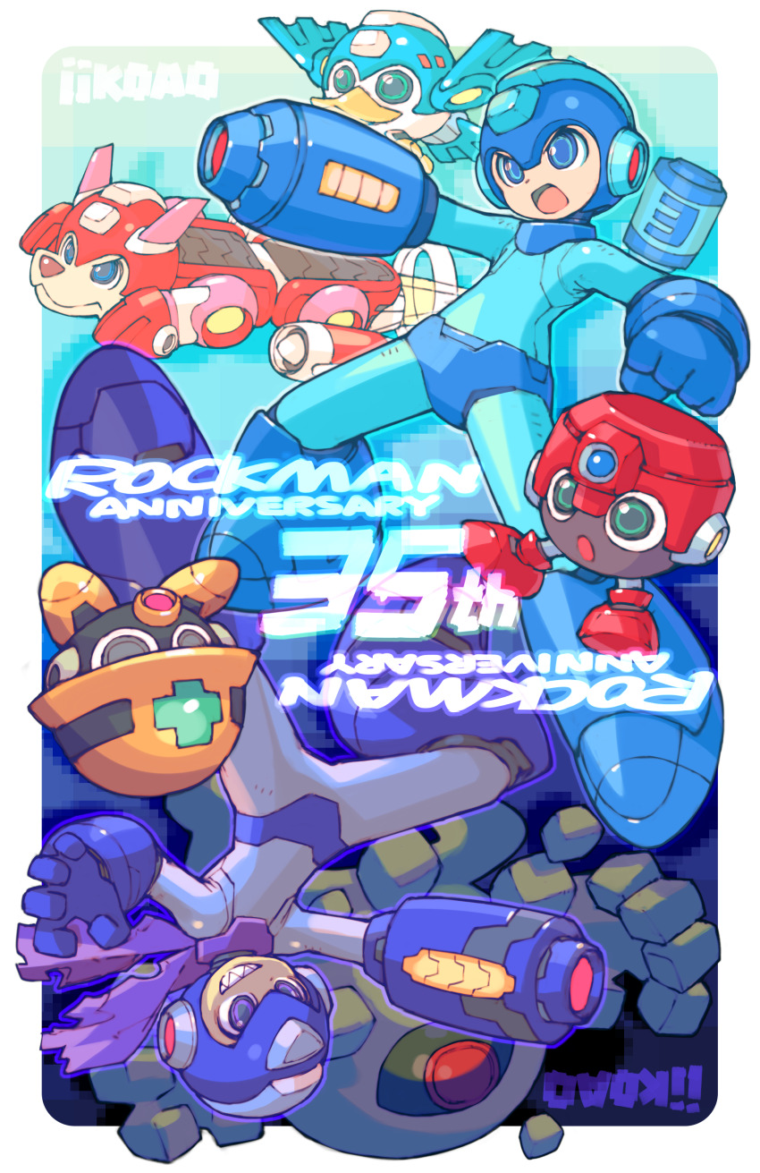 2boys absurdres android anniversary arm_cannon artist_name beat_(mega_man) blue_bodysuit blue_eyes blue_helmet bodysuit border commentary_request copyright_name eddie_(mega_man) energy_tank evil_grin evil_smile grin helmet highres iikoao male_focus arm_cannon mega_man:_powered_up mega_man? mega_man_(character) mega_man_(classic) mega_man_(series) met_(mega_man) multiple_boys non-humanoid_robot one-eyed open_mouth purple_scarf robot robot_animal robot_dog rotational_symmetry rush_(mega_man) scarf self-upload serious sharp_teeth smile teeth torn_clothes torn_scarf upside-down weapon white_border yellow_devil_(mega_man)