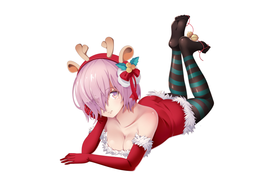 1girl 52ikaros alternate_costume bare_shoulders black_pantyhose breasts cleavage commentary dress eyes_visible_through_hair fate_(series) female_focus fur_trim gloves green_pantyhose hair_ornament hair_over_one_eye highres looking_at_viewer lying mash_kyrielight on_stomach pantyhose pink_eyes red_dress red_gloves red_ribbon reindeer_hair_ornament ribbon simple_background smile solo striped white_background