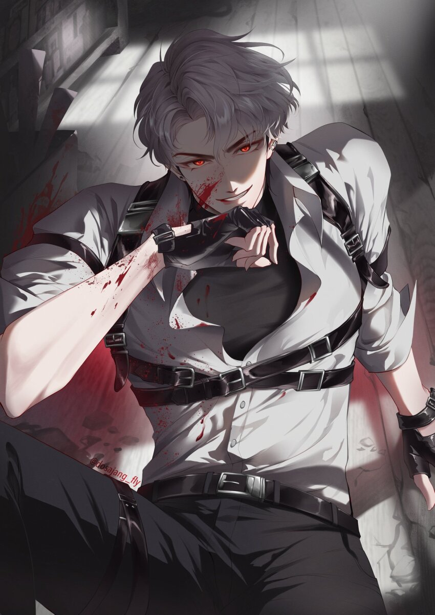 1boy belt black_belt black_gloves black_pants blood blood_on_arm blood_on_clothes blood_on_face chest_harness dosajang_fly eunho_(plave) fingerless_gloves gloves harness highres k-pop light_rays looking_at_viewer pants parted_bangs plave red_eyes shirt short_hair smile solo twitter_username white_hair white_shirt wiping_face