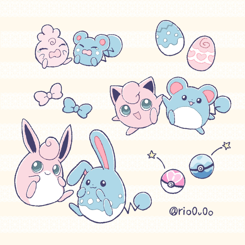 azumarill azurill blue_bow bow closed_mouth crying dive_ball egg evolutionary_line game_freak gen_1_pokemon gen_2_pokemon gen_3_pokemon green_eyes highres igglybuff jigglypuff love_ball marill nintendo no_humans open_mouth pink_bow poke_ball pokemon pokemon_(creature) rio_(rio0v0o) simple_background star_(symbol) twitter_username white_background wigglytuff