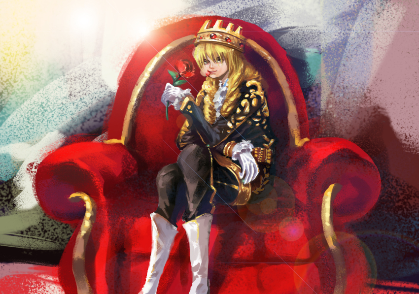 1boy blonde_hair cavendish_(one_piece) couch crown flower flower_in_mouth full_mouth gloves highres holding holding_flower ljjshmhday long_hair long_sleeves male_focus multicolored_background on_couch one_piece petals red_flower red_rose rose rose_petals sitting smile white_footwear white_gloves