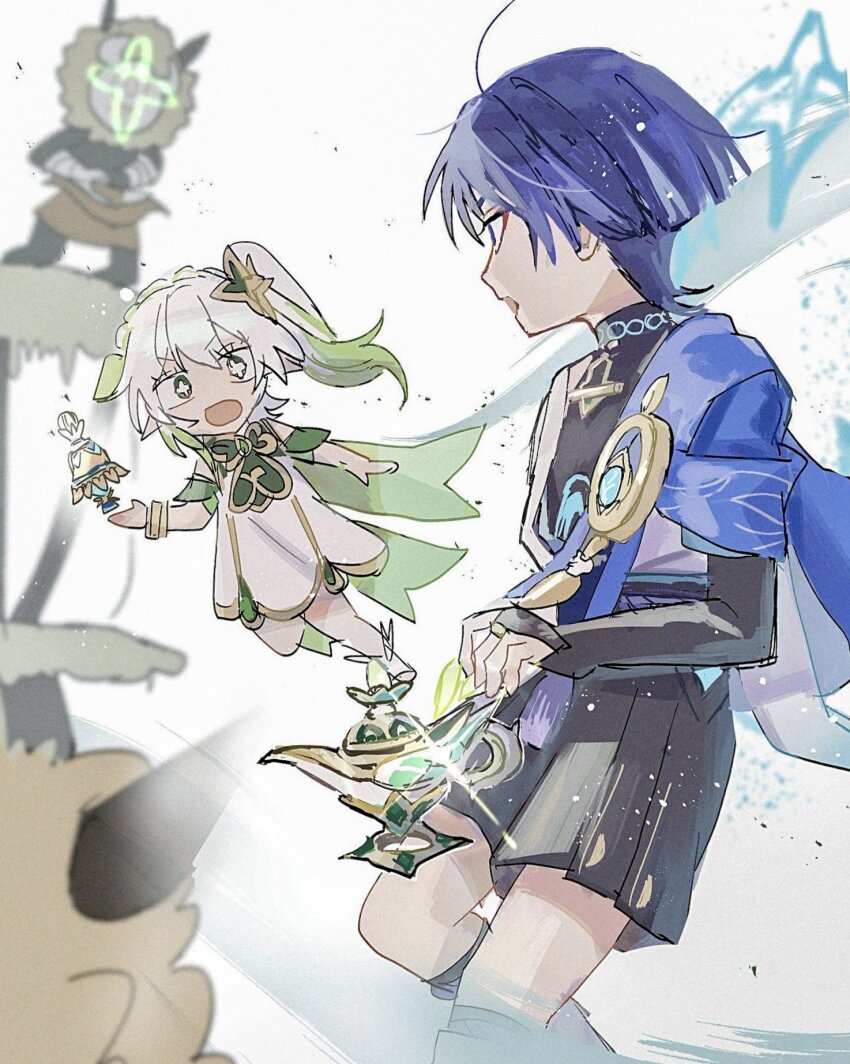 1boy 1girl a_thousand_floating_dreams_(genshin_impact) armlet belt black_belt black_bodysuit black_shorts blue_cape blue_hair bodysuit bracelet braid bridal_gauntlets cape cross-shaped_pupils crown_braid curled_fingers detached_sleeves dress feathers floating floating_object floating_weapon genshin_impact glowing_markings gold gold_ring gold_trim golf green_cape green_eyes green_hair green_sleeves hair_ornament hakama hakama_shorts highres hilichurl_(genshin_impact) japanese_clothes jewelry kimono knees leaf leaf_hair_ornament looking_at_another loose_hair_strand middle_ring multicolored_hair nahida_(genshin_impact) open_clothes open_hand open_kimono open_mouth pleated_shorts pointy_ears pom_pom_(clothes) purple_rope rope scaramouche_(genshin_impact) shorts side_ponytail sidelocks size_difference stirrup_footwear stirrup_legwear streaked_hair surprised symbol-shaped_pupils toeless_footwear toeless_legwear tokodenashi tulaytullah&#039;s_remembrance_(genshin_impact) vision_(genshin_impact) wanderer_(genshin_impact) white_dress white_hair white_kimono white_trim wide-eyed wind bracelet