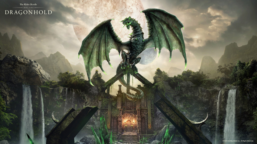 cloud copyright_name dragon english_text full_moon highres moon multiple_moons official_art outdoors ruins the_elder_scrolls the_elder_scrolls_online tree water waterfall western_dragon