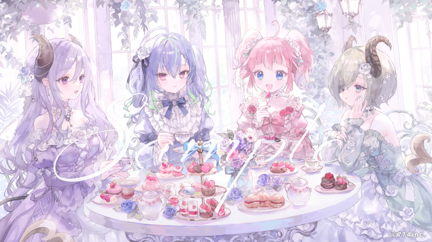4girls :d bare_shoulders blue_dress blue_eyes blue_ribbon blunt_bangs brown_horns closed_mouth commentary_request cookie cup cupcake dress elbow_on_table food fork frilled_dress frilled_sleeves frills green_dress green_hair highres holding holding_cup holding_fork horns jewelry juliet_sleeves kisaki_anko long_hair long_sleeves multicolored_hair multiple_girls nanashi_inc. neck_ribbon necklace off-shoulder_dress off_shoulder onineko open_mouth pink_dress pink_hair puffy_sleeves purple_dress purple_eyes purple_hair red_eyes ribbon saionji_mary saucer sekishiro_mico short_hair smile streaked_hair suzumi_nemo table teapot twintails virtual_youtuber wide_sleeves