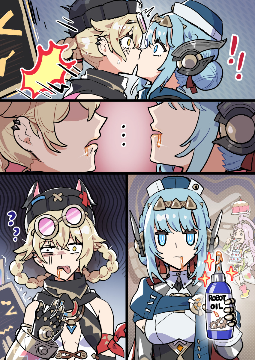 ! !! ... 3girls :| ? ?? ^^^ absurdres accidental_kiss aino_(genshin_impact) android beanie black_gloves black_hat blonde_hair blue_eyes blue_hair blue_hat breasts cake can closed_mouth comic food genshin_impact gloves goggles goggles_on_head hat highres holding holding_can ineffa_(genshin_impact) jahoda_(genshin_impact) kiss medium_breasts medium_hair mismatched_pupils motion_lines motor_oil multiple_girls oil_can open_mouth sakana_(fishchunk) silent_comic small_breasts sparkle surprised sweatdrop tongue tongue_out yellow_eyes yuri