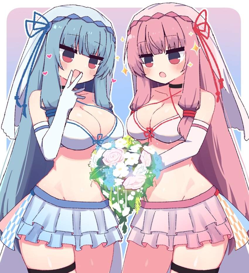 2girls :d :o bikini black_choker blue_bikini blue_hair blue_ribbon blunt_bangs blush border bouquet breasts bridal_veil bride choker cleavage collarbone commentary cowboy_shot elbow_gloves flower gloves gradient_background hair_ribbon hand_up heart hibino_000 highres holding holding_bouquet kotonoha_akane kotonoha_aoi large_breasts long_hair multiple_girls navel nontraditional_wedding_dress open_mouth outline outside_border pink_bikini pink_hair red_eyes red_ribbon ribbon ruffle_bikini sidelocks smile sparkle swimsuit veil voiceroid white_border white_gloves white_outline