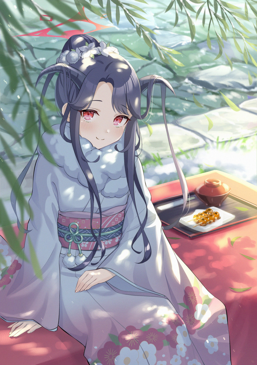 1girl absurdres black_hair black_horns blue_archive blue_kimono commentary_request cowboy_shot dango dappled_sunlight floral_print flower food fur_collar fuuka_(blue_archive) hair_bun hair_flower hair_on_horn hair_ornament halo hand_on_own_thigh head_tilt highres horns japanese_clothes kimono leaf light_blush long_hair long_sleeves looking_at_viewer mitarashi_dango multicolored_kimono obi outdoors parted_bangs partial_commentary pom_pom_(clothes) red_eyes red_halo rice_rabbit22 sash shadow sidelocks single_hair_bun sitting skewer smile solo sunlight tray wagashi wide_sleeves