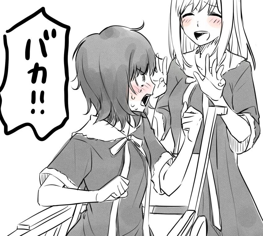 2girls :d ^_^ blush clenched_hands closed_eyes flowers_(innocent_grey) greyscale highres medium_hair monochrome multiple_girls open_mouth profile shishima_eichi short_hair sitting smile spot_color standing sweat takasaki_chidori teeth upper_teeth_only wheelchair yaegaki_erika