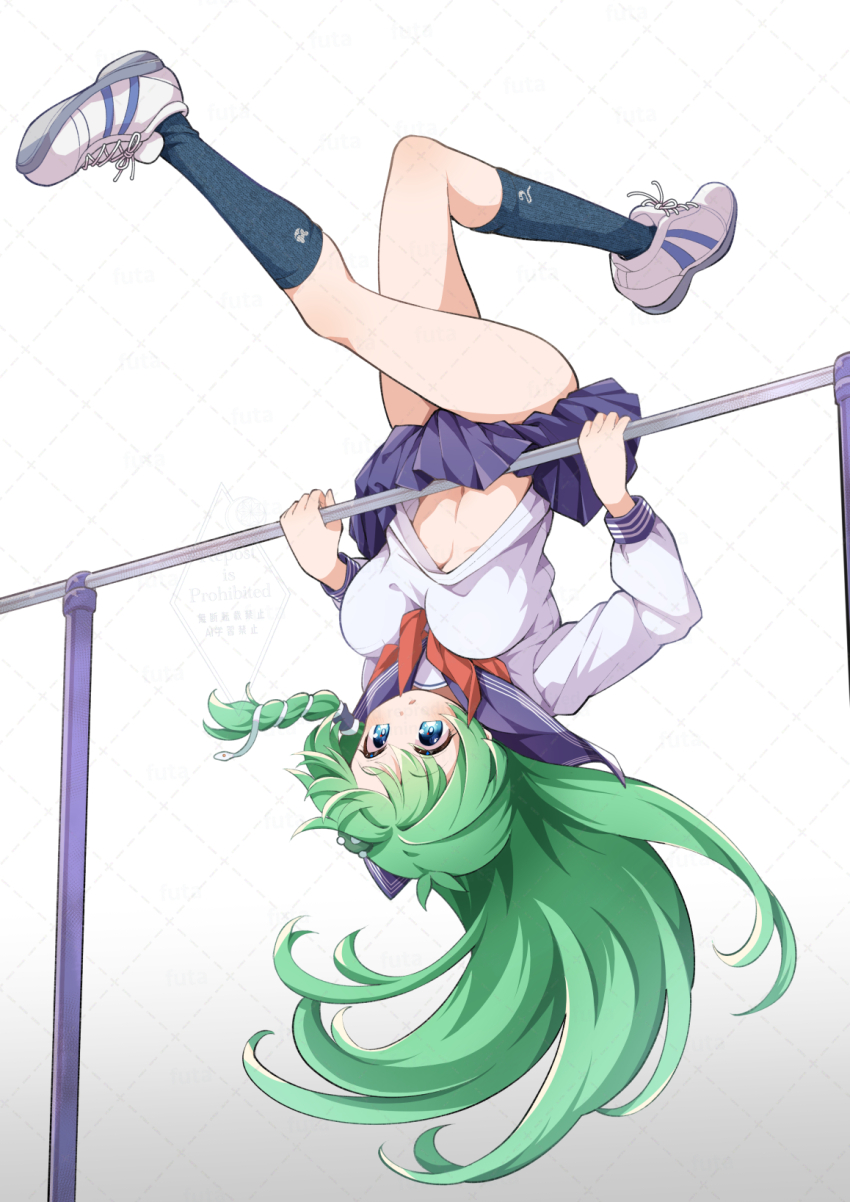 alternate_costume blue_eyes blue_socks breasts frog_hair_ornament futa_(nabezoko) green_hair hair_ornament hair_tubes highres horizontal_bar kochiya_sanae large_breasts long_hair long_sleeves navel school_uniform shirt shoes single_hair_tube skirt snake_hair_ornament sneakers socks touhou underboob upside-down watermark white_shirt white_shoes