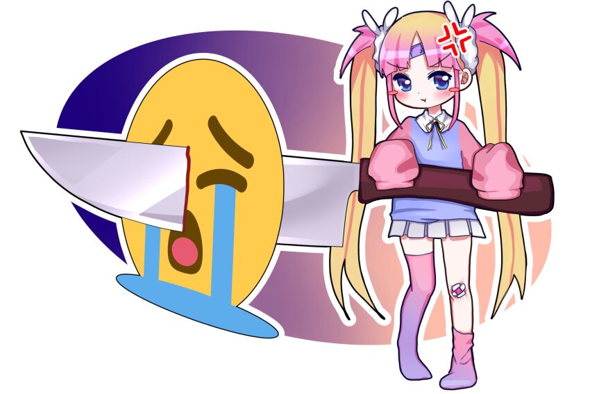 1girl :t alternate_costume anger_vein angry artist_self-insert bandaid bandaid_on_face bandaid_on_forehead blonde_hair blue_background blue_eyes blue_sweater blunt_bangs blush_stickers commentary crying_emoji emoji flat_chest full_body gauze_on_knee gradient_background gradient_hair gradient_thighhighs hands_up highres holding holding_knife huge_weapon indie_virtual_youtuber kitchen_knife knife kyoresu kyoresu_(artist) long_hair long_sleeves looking_at_viewer meme miniskirt multicolored_background multicolored_hair neck_ribbon outline oval_background parted_bangs pink_hair pink_sweater pink_thighhighs purple_background purple_thighhighs ribbon scrunchie skirt sleeves_past_fingers sleeves_past_wrists solo standing sweater symbol-only_commentary thighhighs twintails two-tone_hair two-tone_sweater two-tone_thighhighs uohhhhhhhhh!_(meme) v-shaped_eyebrows very_long_hair virtual_youtuber weapon white_background white_outline white_scrunchie white_skirt yellow_ribbon zettai_ryouiki