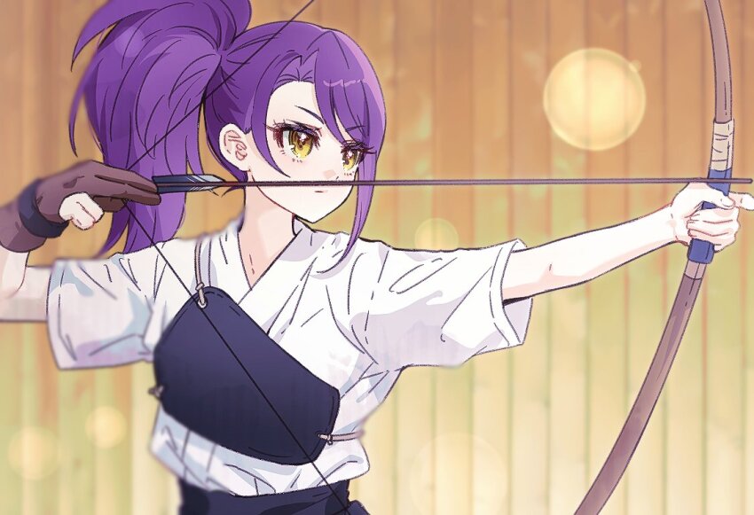 1girl archery arrow_(projectile) bow_(weapon) brown_gloves chuu0105 closed_mouth commentary_request drawing_bow gloves hakama holding holding_arrow holding_bow_(weapon) holding_weapon japanese_clothes korean_commentary long_hair looking_ahead muneate partially_fingerless_gloves partly_fingerless_gloves pretty_series pripara purple_hair side_ponytail single_glove solo toudou_shion upper_body weapon wooden_wall yellow_eyes yugake