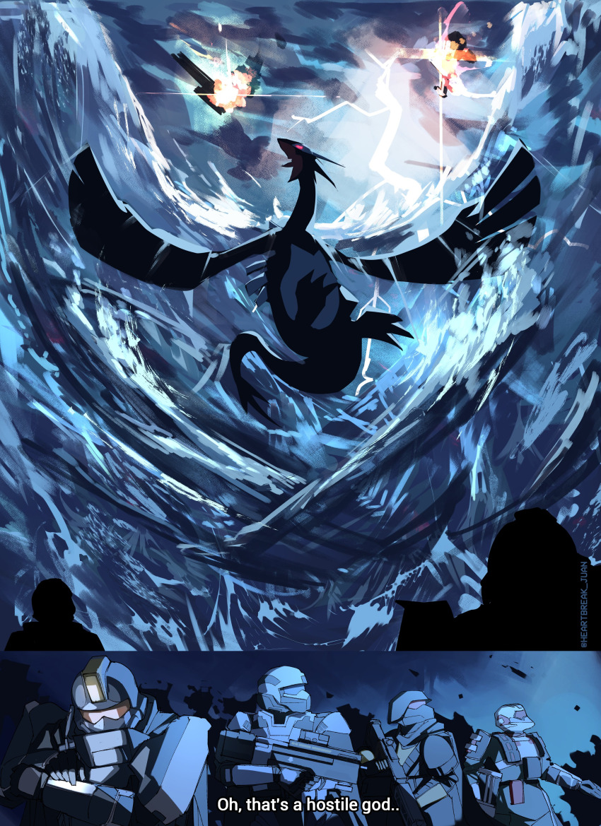 4others absurdres aircraft armor assault_rifle attack_aircraft corruption creatures_(company) destruction epic explosion game_freak gen_2_pokemon gun heartbreak_juan helldiver_(helldivers) helldivers_(series) helmet highres legendary_pokemon lugia multiple_others nintendo pokemon pokemon_gsc pokemon_xd red_eyes rifle roaring shadow_lugia storm subtitled thunder tidal_wave twitter water waves weapon wings