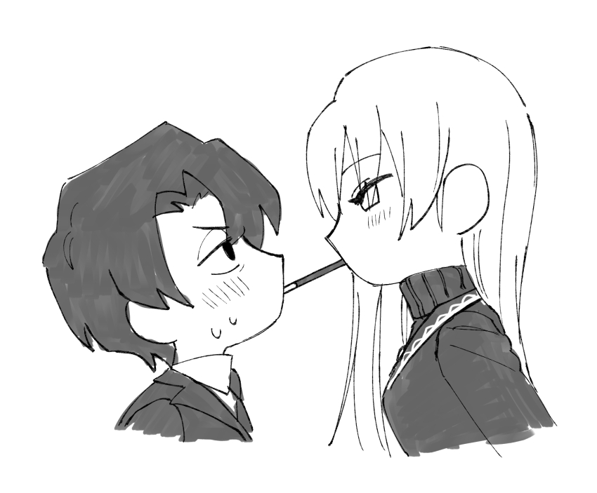 1boy 1girl angelica_(project_moon) blush closed_mouth food formal_clothes greyscale height_difference highres jacket kitaku_(ienikaeru) lapels library_of_ruina long_hair monochrome notched_lapels parted_bangs pocky pocky_kiss project_moon roland_(project_moon) shared_food suit sweat sweater turtleneck turtleneck_sweater upper_body very_long_hair