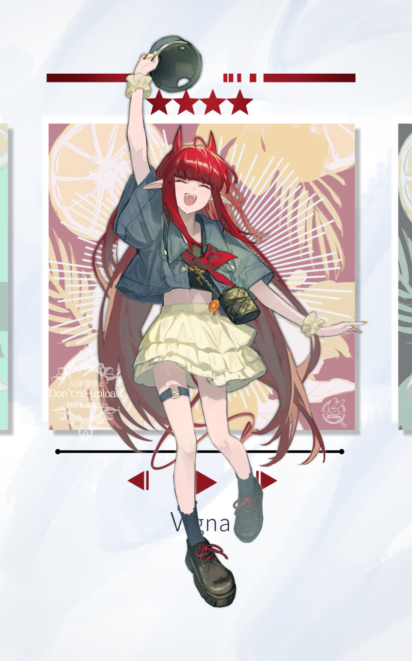 1girl :d alternate_costume arknights arm_up black_shirt black_socks brown_shoes character_name closed_eyes commentary_request cropped_jacket demon_horns demon_tail denim denim_jacket facing_viewer full_body grey_hat grey_jacket hat hemorina highres holding holding_unworn_clothes holding_unworn_hat horns jacket layered_skirt long_hair nail_polish o-ring o-ring_thigh_strap open_clothes open_jacket open_mouth orange_nails pointy_ears red_hair red_horns red_tail scrunchie shirt shoes short_sleeves skirt smile sneakers socks solo star_(symbol) tail thigh_strap unworn_hat unworn_headwear very_long_hair vigna_(arknights) wrist_scrunchie yellow_scrunchie yellow_skirt