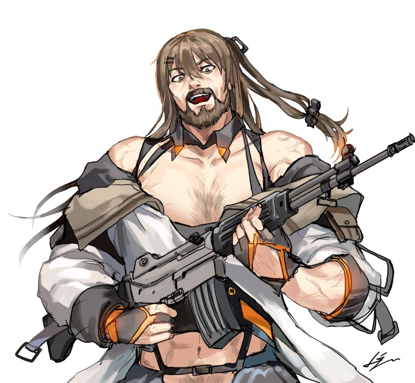 1boy abs ammunition_pouch assault_rifle bare_shoulders beard black_gloves brown_eyes brown_hair chest_hair collarbone commentary daewoo_k2 detached_collar facial_hair fingerless_gloves girls&#039;_frontline gloves gun hair_ornament hairclip highres holding holding_weapon jacket k2_(girls&#039;_frontline) kws long_hair long_sleeves looking_at_viewer male_focus manly mustache navel off_shoulder one_side_up open_clothes open_jacket open_mouth panties pouch rifle simple_background smile solo standing strap suspenders underwear veins weapon white_background white_jacket