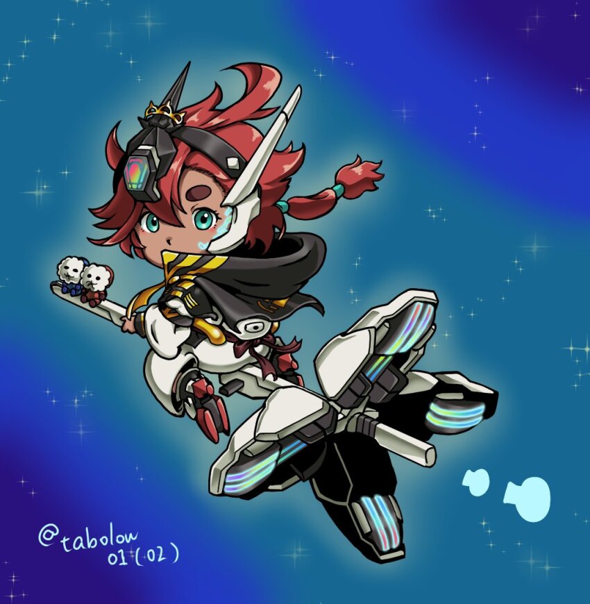1girl adapted_costume aqua_eyes asticassia_school_uniform barutan black_headband blue_background broom broom_riding chibi commentary_request cool_(gundam_suisei_no_majo) dark-skinned_female dark_skin facial_mark gundam gundam_calibarn gundam_suisei_no_majo headband hots_(gundam_suisei_no_majo) long_hair looking_at_viewer low-tied_long_hair low_ponytail mechanical_broom ponytail red_hair school_uniform sparkle thick_eyebrows twitter_username