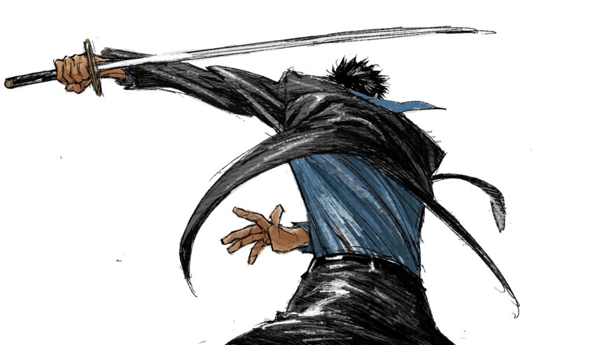 1boy arm_across_waist arm_up black_hair black_jacket black_pants blue_shirt collared_shirt commentary cowboy_shot fighting_stance from_behind highres holding holding_sword holding_weapon jacket katana katekyo_hitman_reborn! male_focus pants shirt simple_background solo sword umkaqryi undershirt weapon white_background yamamoto_takeshi