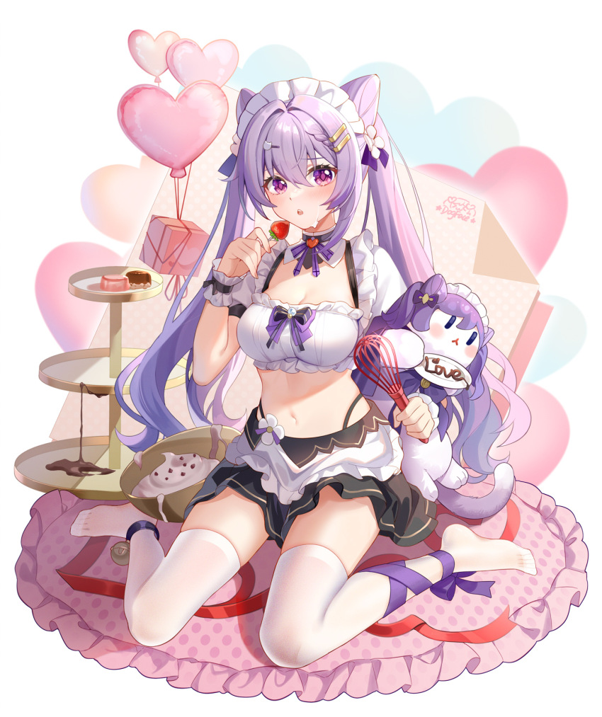 1girl alternate_costume ankle_bell ankle_ribbon apron balloon bell black_panties black_skirt blush bow bowl bowtie box braid breasts brooch cake_stand chocolate chocolate_chip cleavage collar cream cream_on_face crop_top detached_collar diamond-shaped_pupils diamond_(shape) doll enmaided feet food food_on_face frilled_cuffs frilled_hairband frilled_shirt frills fruit full_body genshin_impact gift gift_box gou_lianlian_dogface hair_intakes hair_ornament hairband hairclip hand_up heart_balloon highleg highleg_panties highres holding holding_doll holding_food holding_fruit holding_utensil holding_whisk jewelry jingle_bell keqing_(genshin_impact) leg_ribbon long_hair looking_at_viewer maid maid_headdress medium_breasts navel no_shoes open_mouth panties panty_straps polka_dot purple_bow purple_bowtie purple_eyes purple_hair purple_ribbon raised_eyebrows red_ribbon ribbon see-through_clothes see-through_shirt shirt short_sleeves signature sitting skirt solo stomach strawberry symbol-shaped_pupils thighhighs thighs tiered_tray toes twintails underwear valentine very_long_hair waist_apron wariza whisk white_background white_collar white_thighhighs wrist_cuffs