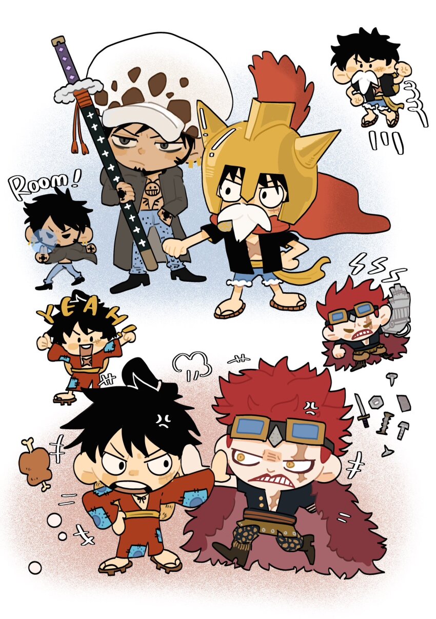 3boys anger_vein black_hair chibi chonmage coat commentary denim earrings eustass_kid facial_hair fake_facial_hair fake_mustache fighting food gangan233 goatee goggles goggles_on_head hand_on_own_hip helmet highres holding holding_sword holding_weapon japanese_clothes jeans jewelry kimono male_focus meat mechanical_arms monkey_d._luffy multiple_boys one_piece pants red_hair red_kimono sandals sash scar scar_on_face short_hair single_mechanical_arm smile sword teeth topknot trafalgar_law upper_teeth_only weapon yellow_sash