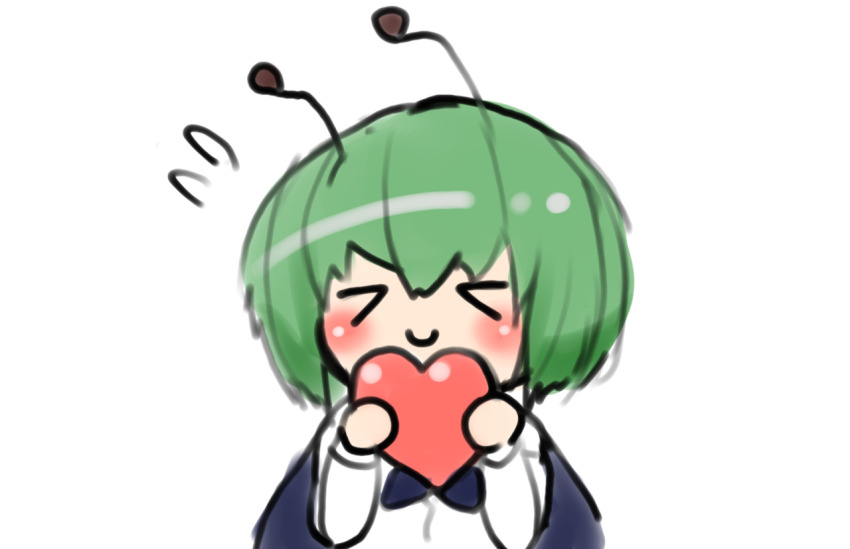 &gt;_&lt; 1girl antennae black_cape blush cape closed_eyes closed_mouth commentary_request green_hair heart holding holding_heart long_sleeves shirt short_hair simple_background smile solo touhou unimamo upper_body white_background white_shirt wriggle_nightbug