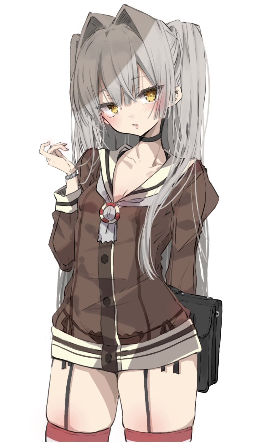 1girl alternate_hairstyle amatsukaze_(kancolle) black_choker black_panties brown_dress brown_eyes chigasaki_yukari choker commentary_request cowboy_shot dress garter_straps grey_hair grey_neckerchief hair_intakes highres kantai_collection lifebuoy_ornament long_hair long_shirt long_sleeves looking_at_viewer neckerchief panties red_thighhighs sailor_collar sailor_dress see-through_clothes see-through_dress short_dress side-tie_panties simple_background solo thighhighs two_side_up underwear white_background white_sailor_collar