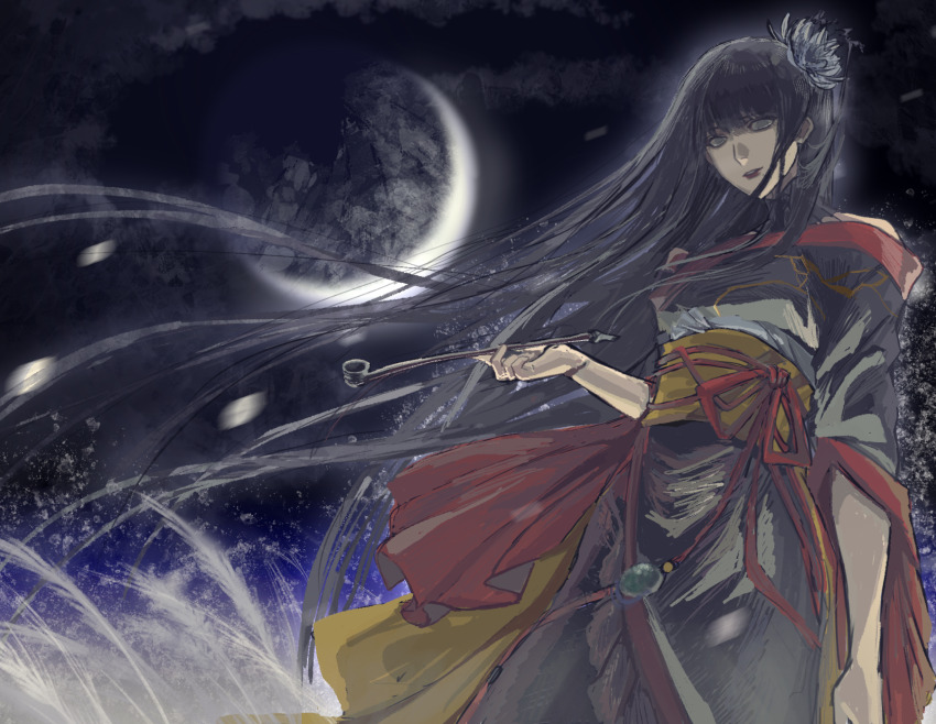 1-6-g 1girl black_collar black_hair black_kimono collar cowboy_shot crescent_moon empty_eyes falling_petals final_fantasy final_fantasy_xiv floating_hair flower grey_eyes hair_flower hair_ornament highres holding holding_smoking_pipe hyur japanese_clothes kimono kiseru long_hair looking_at_viewer moon night night_sky obi obiage obijime outdoors parted_lips petals red_trim sash sky smoking_pipe solo standing yotsuyu_goe_brutus