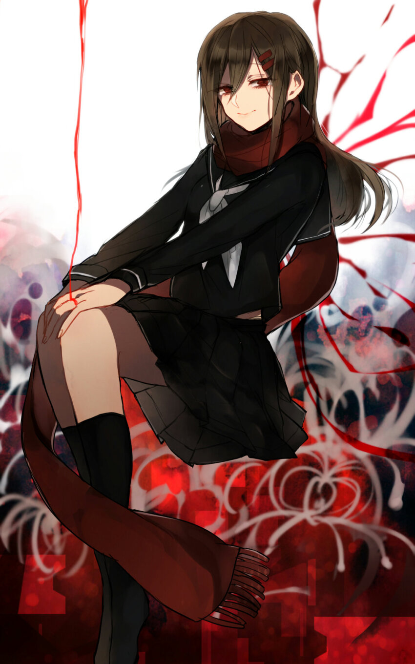 1girl abstract_background black_sailor_collar black_serafuku black_skirt black_socks brown_hair closed_mouth enpera false_smile fingernails flower hair_ornament hairclip hand_on_own_knee highres kagerou_project kohaku_(ib6910801) long_hair long_scarf long_sleeves looking_at_viewer mekakucity_actors midriff_peek neckerchief no_shoes own_hands_together pleated_skirt red_eyes red_scarf sailor_collar scarf school_uniform serafuku serious sitting skirt smile socks solo spider_lily staring string string_around_finger string_of_fate tateyama_ayano tsurime white_background white_flower white_neckerchief white_spider_lily