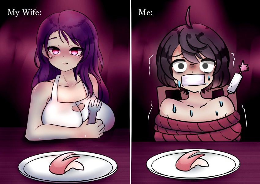 1boy 1girl absurdres ahoge apple_rabbit apron bare_shoulders black_hair bound breasts chokilicious cleavage clothing_cutout commander_(nikke) commentary dart dating english_commentary food food_art fork gag goddess_of_victory:_nikke hair_between_eyes heart_cutout highres holding holding_fork improvised_gag isabel_(nikke) large_breasts long_hair looking_at_another purple_eyes purple_hair scared short_hair smile tape tape_gag tied_up_(nonsexual) tranquilizer_dart trembling white_apron yandere