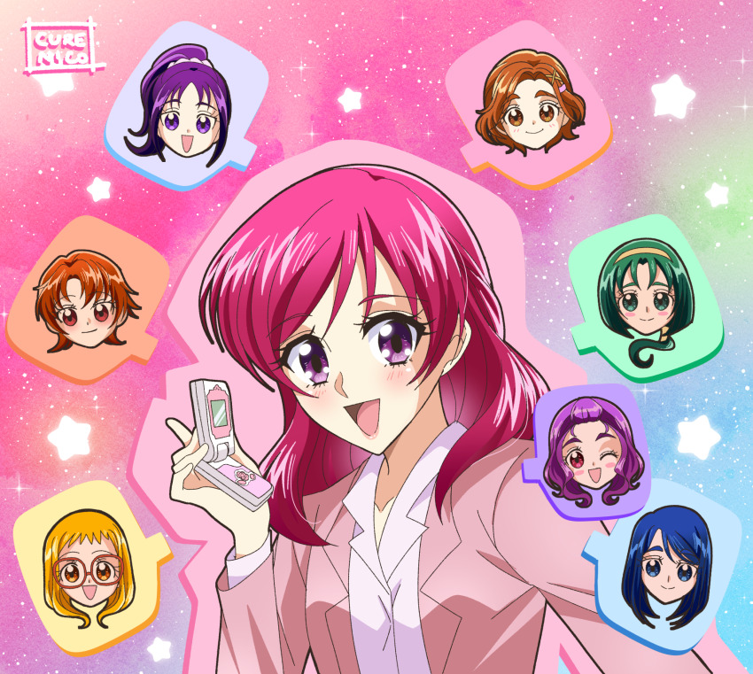 6+girls akimoto_komachi artist_name blonde_hair blouse blue_eyes blue_hair blush braid brown_eyes brown_hair closed_mouth cure_nico futari_wa_precure_splash_star glasses green_eyes green_hair hair_ornament hairband hairclip highres hyuuga_saki jacket kasugano_urara_(yes!_precure_5) kibou_no_chikara_otona_precure_&#039;23 long_hair medium_hair mimino_kurumi minazuki_karen mishou_mai multiple_girls natsuki_rin one_eye_closed open_mouth pink_eyes pink_hair pink_jacket pink_shirt ponytail precure purple_eyes purple_hair purple_scrunchie red-framed_eyewear red_eyes scrunchie shirt short_hair single_braid smile yellow_eyes yellow_hairband yes!_precure_5 yes!_precure_5_gogo! yumehara_nozomi