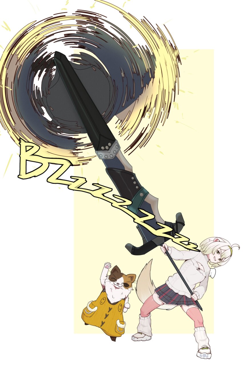 absurdres ahoge animal_ears axe boots charge_blade cleavage_cutout clothing_cutout english_text fang felyne ferret_ears ferret_tail gradient_hair green_eyes green_hair hairband hand_up highres holding holding_axe holding_sword holding_weapon huge_weapon indie_virtual_youtuber laimu_(vtuber) laimu_(vtuber)_(winter) mini_wings monster_hunter_(series) monster_hunter_wilds multicolored_hair paw_up pink_thighhighs plaid_clothes plaid_skirt pleated_skirt ribbed_sweater simple_background skirt smile smug socks sound_effects spinning squinting sweater sword thighhighs turtleneck turtleneck_sweater two-tone_hair uwu vinesauce virtual_youtuber weapon white_hair white_tail wings yinyeng zettai_ryouiki