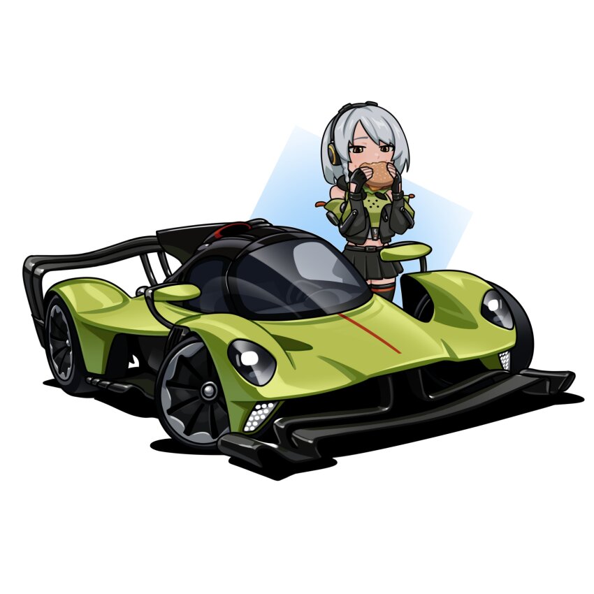 1girl absurdres anby_demara arhentol aston_martin aston_martin_valkyrie black_gloves black_skirt black_sleeves braid burger car cropped_jacket detached_sleeves eating fingerless_gloves food food_in_mouth gloves green_car green_jacket green_sleeves grey_hair hands_up headphones highres holding holding_burger holding_food jacket long_sleeves miniskirt motor_vehicle multicolored_sleeves pleated_skirt puffy_long_sleeves puffy_sleeves race_vehicle racecar revision short_hair side_braid simple_background skirt solo standing thighhighs vehicle_focus white_background yellow_eyes zenless_zone_zero zettai_ryouiki